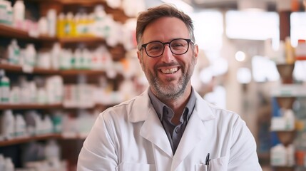 Obraz premium A friendly male pharmacist wearing glasses and a white lab coat stands in front of shelves filled with medication