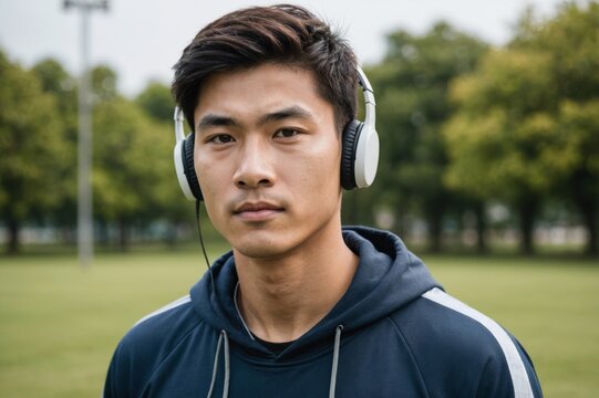 portrait of Young asian man in sportswear listening to music