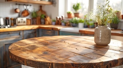 Empty beautiful round wood tabletop counter in clean and bright kitchen background