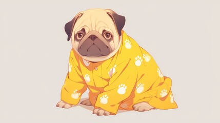 A charming 2d illustration of a pug dog depicted on kid s cartoon clothing