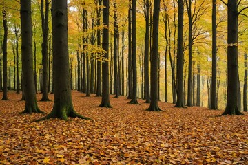 Hilly woods covered in fallen autumn leaves