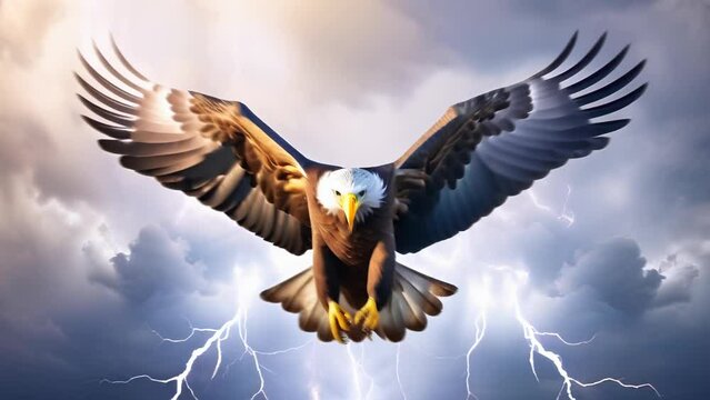An eagle with outstretched wings soars through a thunderstorm filled with lightning bolts. The dramatic backdrop of dark clouds and flashing lightning highlights the eagle's powerful flight. 