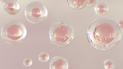 3D cosmetic rendering Serum bubbles of various colors on a blurred background. Design of collagen bubbles. Elements of Moisturizing and Serum Concept. Concept of vitamins for beauty and personal care.