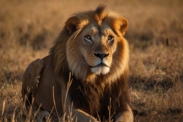 Fototapeta premium Professional photograph of a lion in the savanna at sunset. Male lion, king of the wilderness, majestic and powerful.