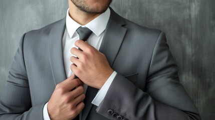 Close-up image of a man in a business suit fixing his grey tie, depicting professionalism and business attire