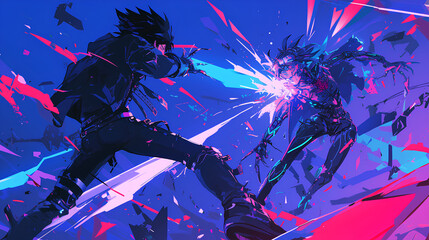 Cyberpunk style angry fighting anime characters with psychedelic neon background