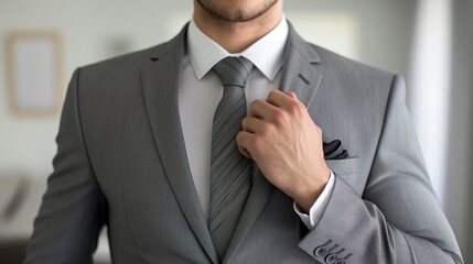 Close-up of a professional man in a gray suit making final adjustments to his tie, represents attention to detail