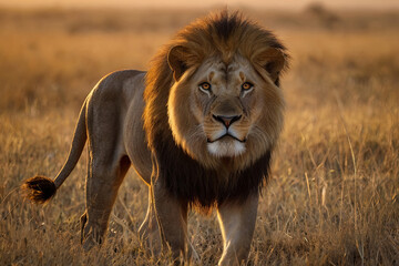 Obraz premium Professional photograph of a lion in the savanna at sunset. Male lion, king of the wilderness, majestic and powerful.