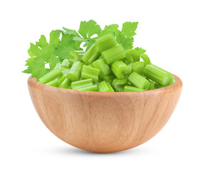 Celery in wood bowl isolated on transparent png