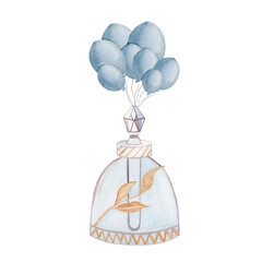 Blue perfume bottle with balloons hand painted in watercolor. illustration on white background. Used for postering, postcards and illustrating fashion, design