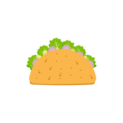 Taco with meat, vegetable and tortilla. Traditional mexican fast-food. Flat vector illustration.