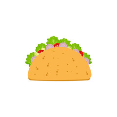Taco with meat, vegetable and tortilla. Traditional mexican fast-food. Flat vector illustration.