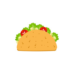 Taco with meat, vegetable and tortilla. Traditional mexican fast-food. Flat vector illustration.