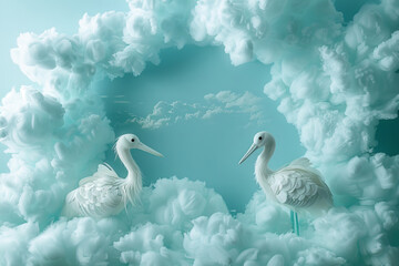 Obraz premium Two white birds perched on fluffy, cloud-like formations with a serene sky backdrop, evoking a dreamlike and ethereal ambiance.