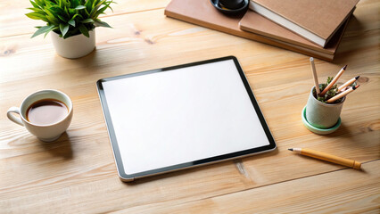 Mockup Tablet blank screen of placed on office table.