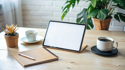 Mockup Tablet blank screen of placed on office table.