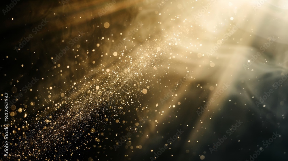 Poster a close-up slow-motion shot of dust particles dancing in a sunbeam, illuminated against a dark backg