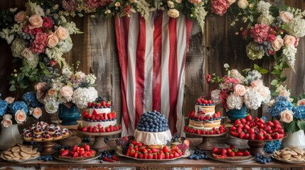 Fototapeta premium A festive dessert table decorated with red, white, and blue for a patriotic celebration.