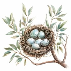 Fototapeta premium Bird nest with eggs on tree branch watercolor clipart illustration on white background