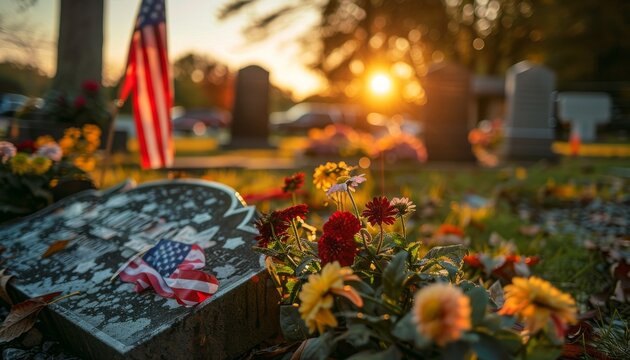 A close-up of a grave marker with an American flag, surrounded by flowers and a sunset in the background.