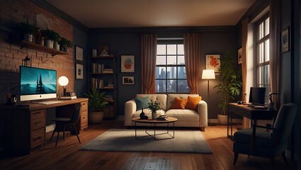 modern living room, interior of a hotel room, apartment design, room design, luxury room, city view, hotel view,