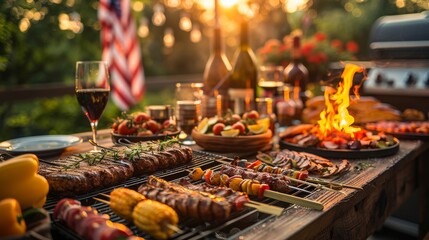 Naklejka premium A summer barbecue with grilled food, wine, and a grill in the background. The setting sun casts a warm glow on the scene.