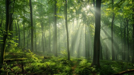 Obraz premium In the dense forest, sunlight shines through leaves and rays of light fall on green trees in summer. scene of an growth woodland in the style of nature