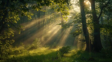 In the dense forest, sunlight shines through leaves and rays of light fall on green trees in summer. scene of an growth woodland in the style of nature