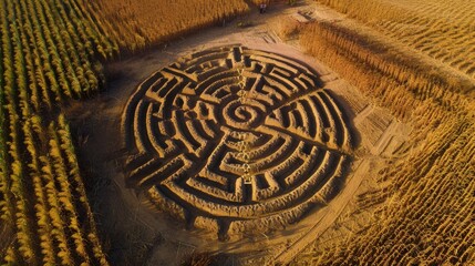 Bird's-eye perspective of a complex sand labyrinth, perfectly aligned within a cornfield, with ominous shadows suggesting harbingers of doom