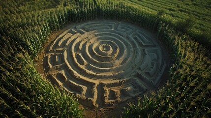 Naklejka premium Bird's-eye view of a sand labyrinth with intricate pathways, surrounded by a cornfield, dark, ominous sky foreshadowing harbingers of doom