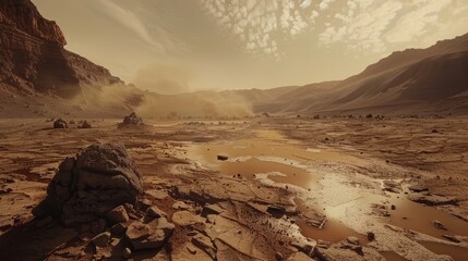 All-terrain vehicle navigating Mars' rugged terrain, with dust clouds swirling and small water splashes as it crosses a rocky stream, Martian horizon in view