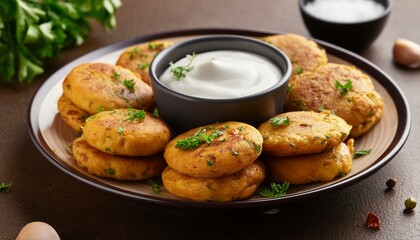 Fototapeta premium Chickpea Fritters with garlic, fresh herbs, spices served with dipping yogurt sauce close-up in plate on the table.