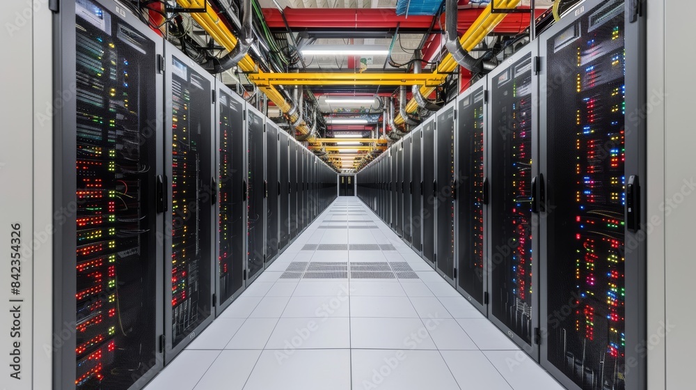 Poster a data center filled with rows of servers, powering cloud computing services for businesses and indi