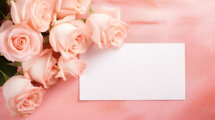 Empty, blank card with rose flower bouquet on peach background