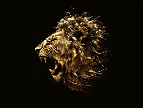 Powerful gold lion head with a pointed (or inventive) crown, placed against a deep black vacuum, is the subject of this high-contrast stencil artwork.