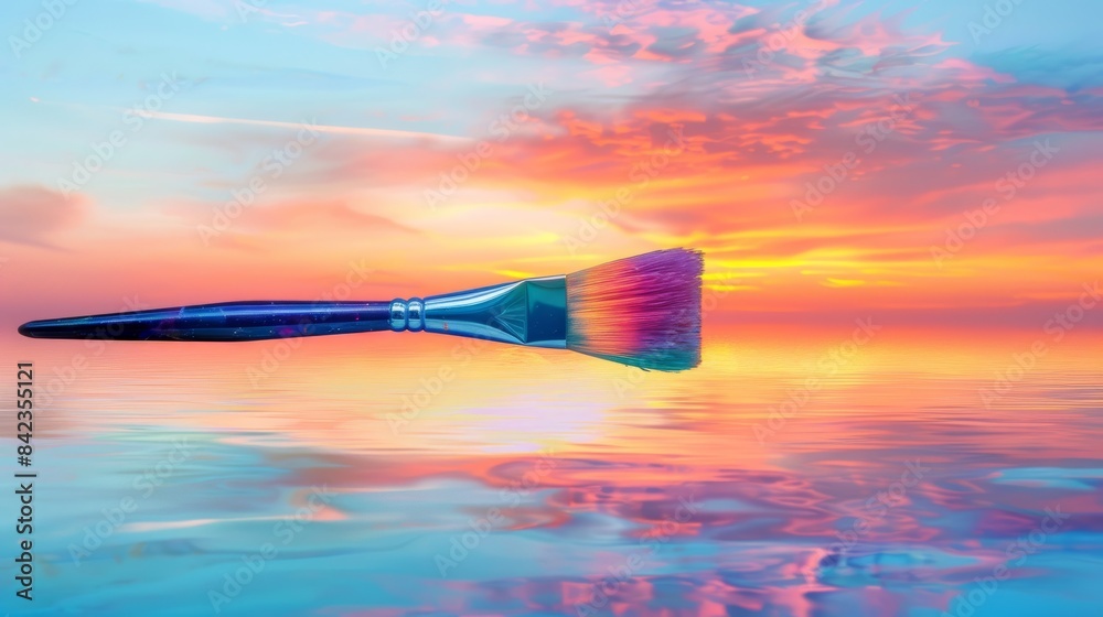 Poster a double exposure photo of a paintbrush blending with a colorful sunset, capturing the creativity an