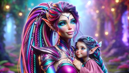 Fototapeta premium Día de la madre, mujer guerrera, mujer luchadora, guerrera, mamá, bebé, hija, hada, elfi, hadaelfi, cuento de hadas, storybook, movie, película, para niños, infantil