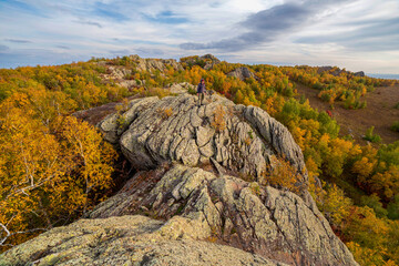 rocks on the ridge and ryndyk in the Southern Urals, beautiful autumn day