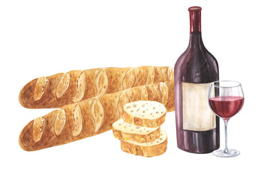 Bottle and glass of red wine with baguette white bread. Hand drawn watercolor illustration isolated on white background. For cafe, restaurant menu, design, recipe book.