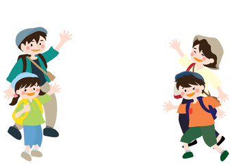 お出掛けをする家族が楽しそうに何かを発表するベクターイラスト