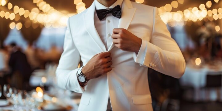 A man in a white tuxedo adjusts his jacket.