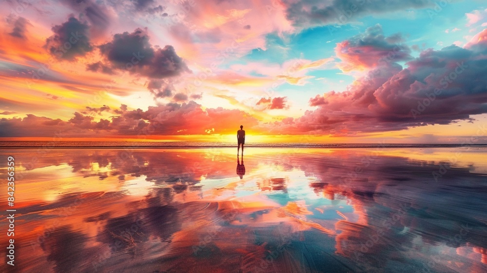 Wall mural A serene image of a man standing on the beach, watching a beautiful sunset with vibrant clouds reflected in the water. - Wall murals