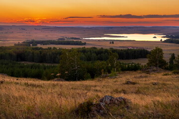 beautiful landscape on the Irandyk ridge in the Southern Urals at sunset on a summer evening