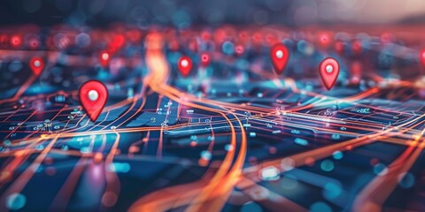 Abstract digital city map with glowing red pointers.