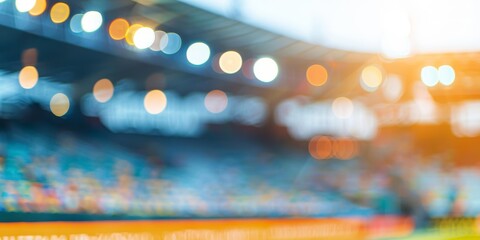 Abstract blurred background of a football stadium with bright floodlights at night.