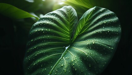 Fototapeta premium An image of a large Alocasia Polly leaf with water droplets on its surface