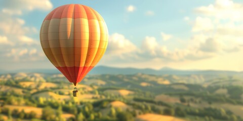 Fototapeta premium Hot air balloon flies over the picturesque hilly landscape.