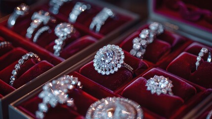 Obraz premium Close-up of a luxurious jewelry box, featuring radiant diamond rings and bracelets on plush crimson velvet, conveying opulence
