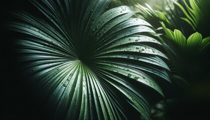 Fototapeta premium An image of a large Majesty Palm leaf with water droplets on its surface