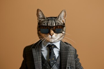 A cat wearing a suit and sunglasses is sitting on a brown background. The cat is looking at the camera with a serious expression.